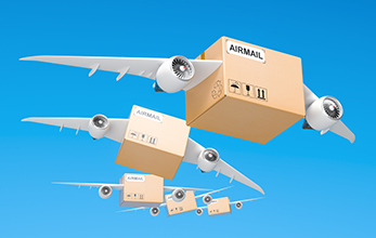 Air mail delivery concept. Parcels with wings flying in the sky, 3D rendering